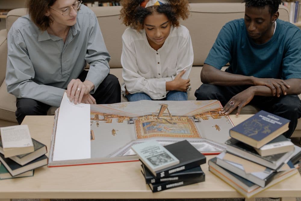 A group reading together in a library